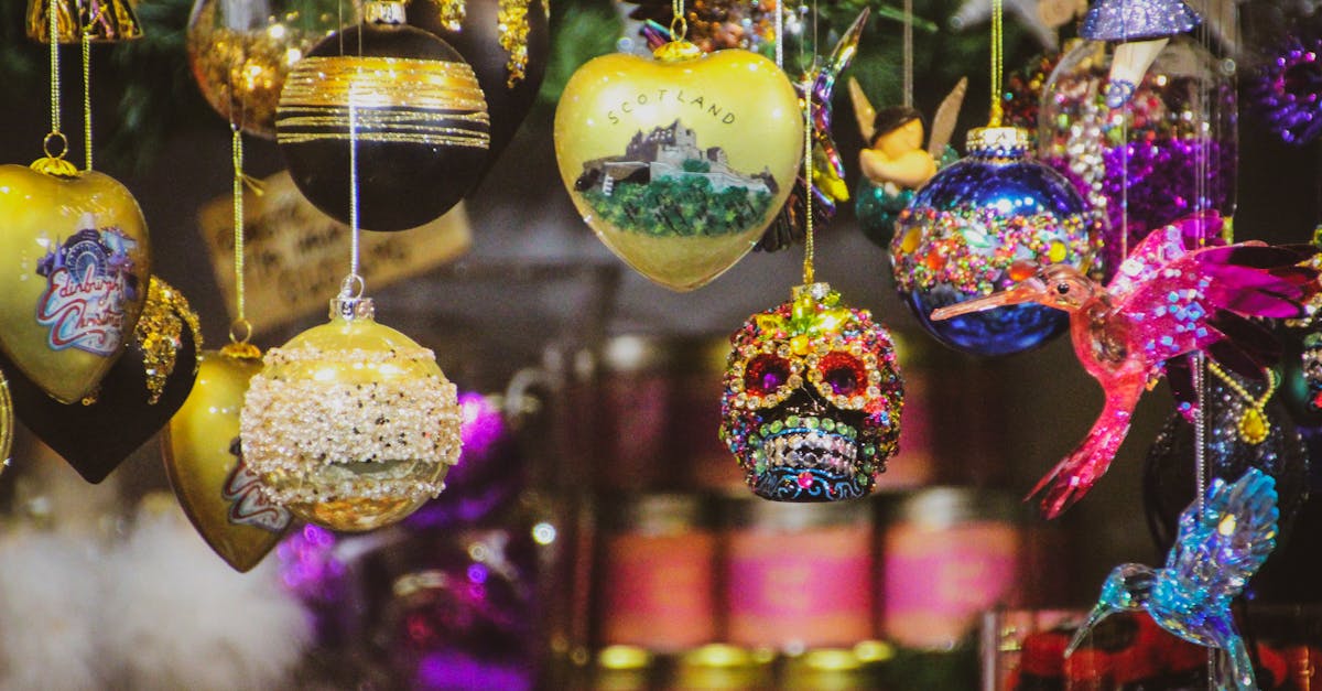A vibrant collection of Christmas ornaments hanging indoor with a festive and colorful design.