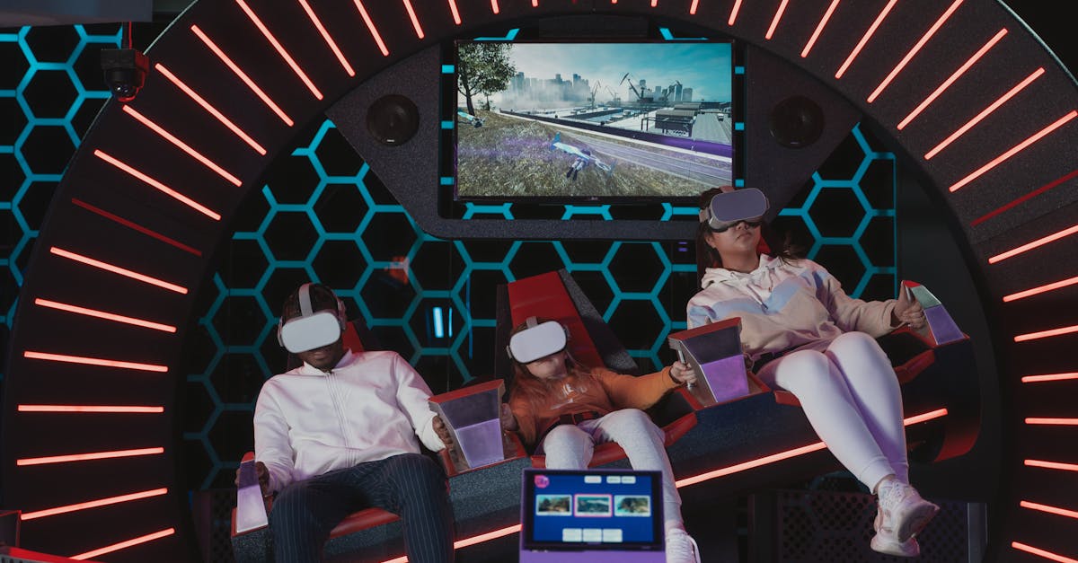 Family immersed in a virtual reality gaming experience at an indoor simulation center.