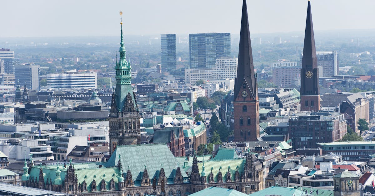 Aerial view of Hamburg's city hall and iconic skyline with urban architecture