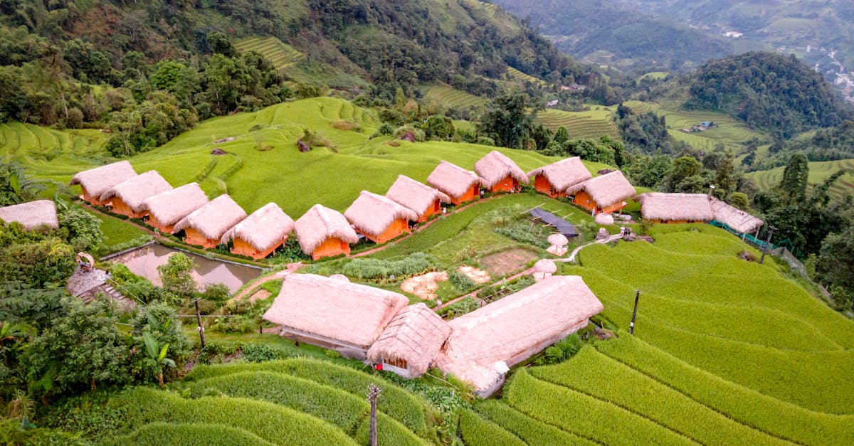 Aerial shot of Hoang Su Phi Lodge nestled in verdant rice terraces, Vietnam.