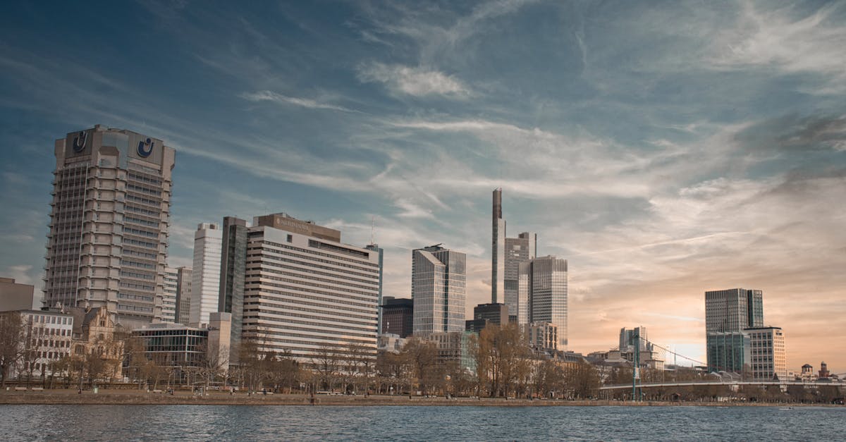Stunning urban skyline of Frankfurt am Main at dusk featuring modern skyscrapers.