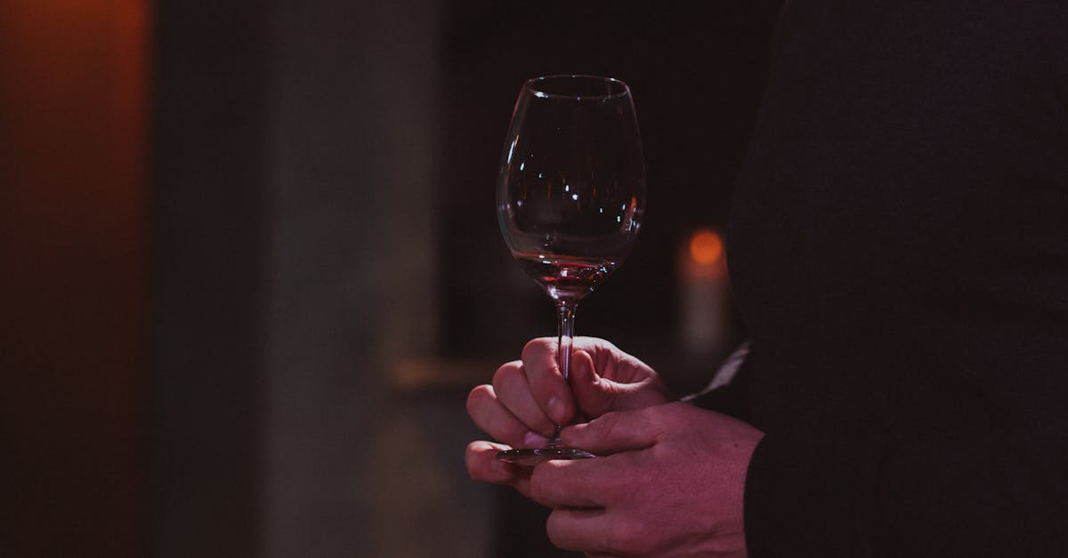 A person's hands holding a glass of red wine in a dimly lit indoor setting.