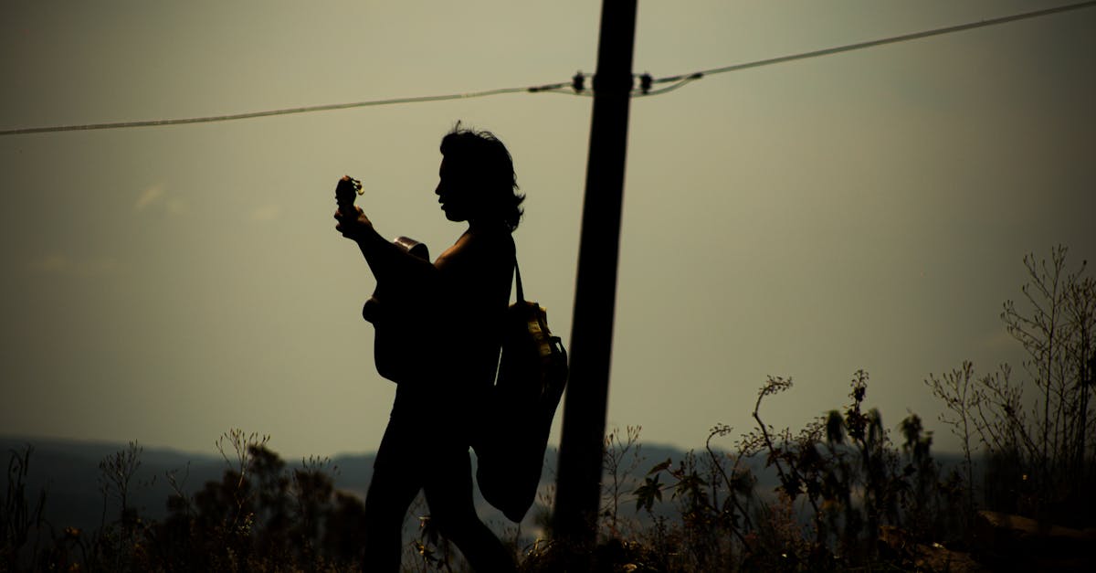 A silhouetted figure walks with a guitar during twilight, creating a serene musical moment.
