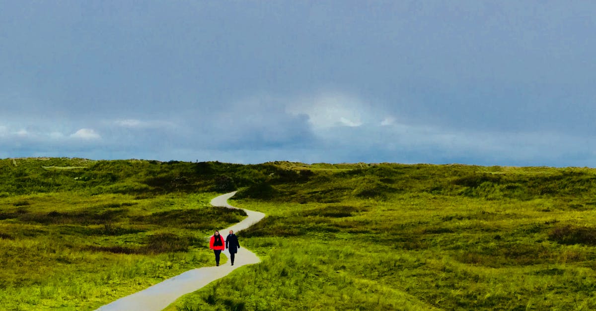 Two people walking along a winding path through lush green fields under a cloudy sky.